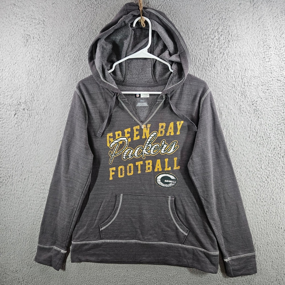 NFL Team Apparel Green Bay Packers Womens Gray V-Neck Hoodie Sweatshirt Medium